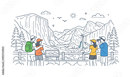 Yosemite National Park nature exploration scene where visitors stand at a scenic viewpoint admiring dramatic granite cliffs and vast wilderness landscapes, towering granite cliffs