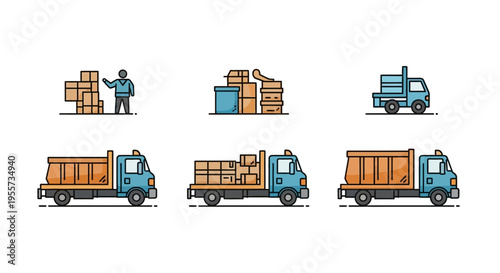 Logistics and Shipping Icon Set featuring Delivery Trucks, Warehouse Boxes, and Transportation Services