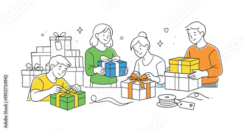 A group of people preparing and arranging a gift boxes collection for celebrations and special occasions, organizing packages with care and attention to presentation in a modern