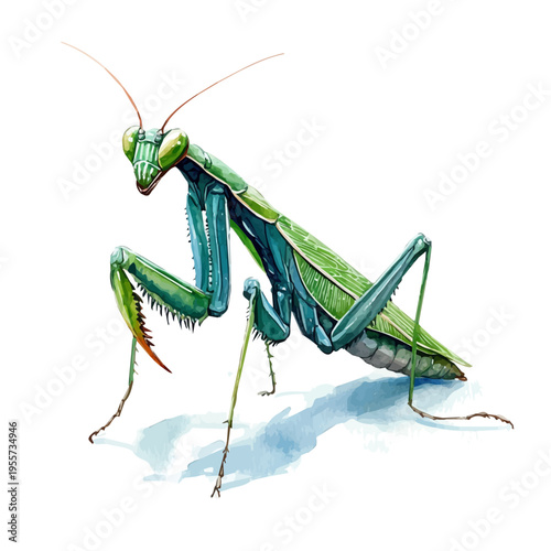 watercolor of Praying Mantis draw illustration, isolated on a white background.