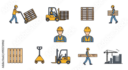 Warehouse and Construction Logistics Icon Set with Workers, Forklifts, and Pallets