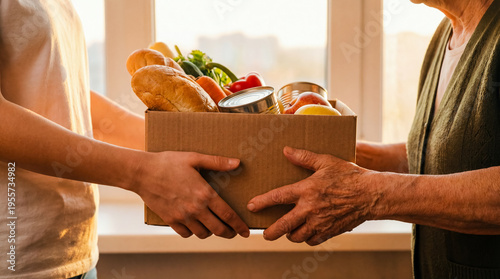 Young volunteer giving cardboard box with fresh vegetables and canned goods to elderly person near bright window concept of senior care charitable food donation poverty relief and community support