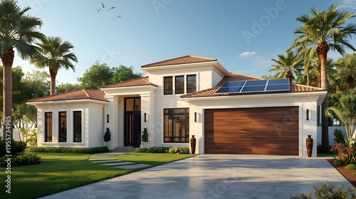 Modern luxury eco-friendly Mediterranean house with solar panels and wooden garage door at dusk