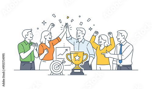 A business success and recognition concept where teams celebrate completed goals or achievements in a professional setting, using minimal confetti shapes and a single trophy