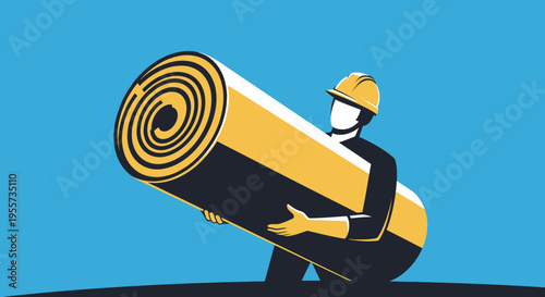 Minimalist Construction Worker Carrying Large Carpet Roll, Flat Illustration of Professional Flooring Installation Service