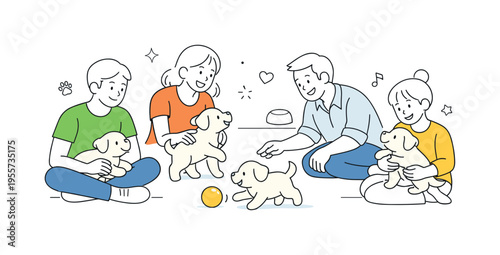 A cheerful pet care and companionship scene where people interact with friendly puppies in a safe and nurturing environment, using a simple puppy figure and a single ball as a