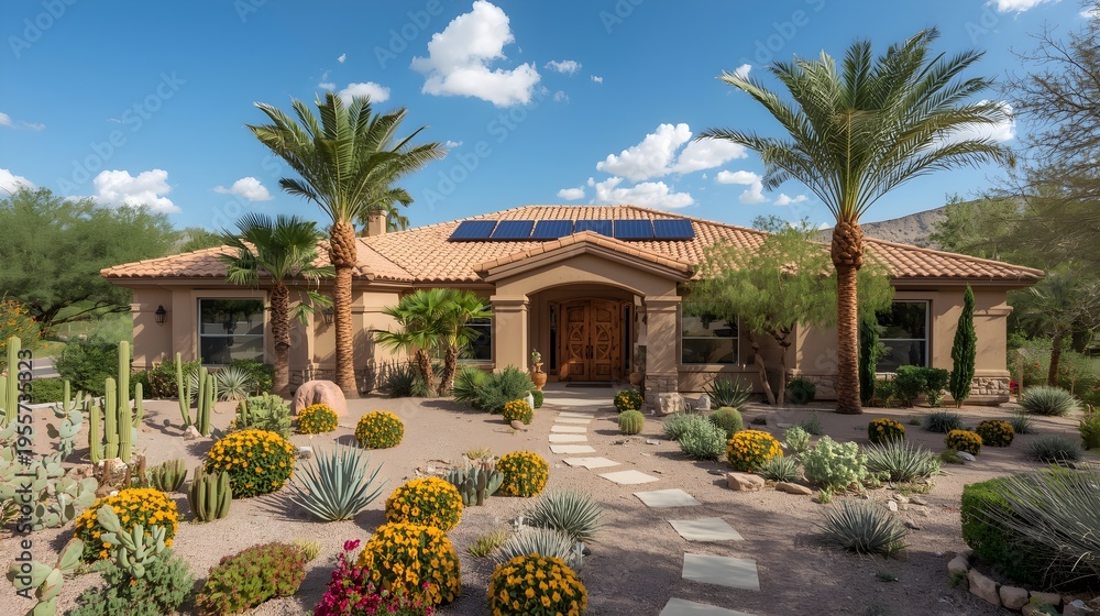 Obraz premium Luxury Mediterranean villa with terracotta roof and desert landscaping under clear blue sky