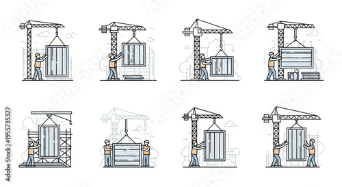 Set of Construction Site Line Art Illustrations Featuring Tower Cranes and Workers