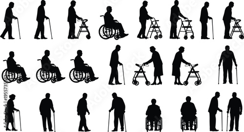 Elderly silhouettes, senior people, mobility aids, wheelchair users, walking cane, healthcare concept, aging population, disability support, accessibility design, medical illustration