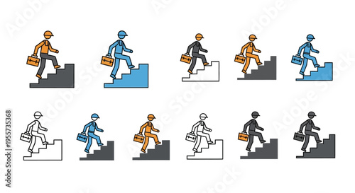 Construction Worker Icon Set: Technician Climbing Stairs with Toolbox for Career Growth and Service Industry Success