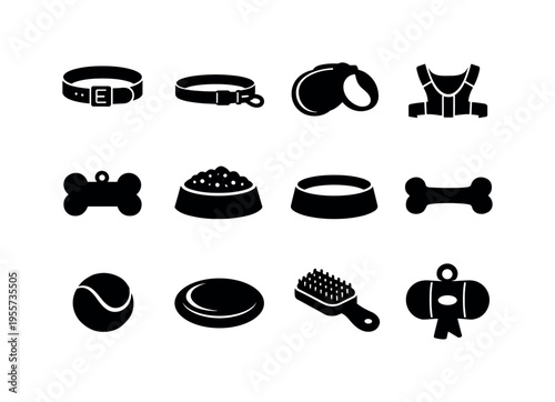 Dog accessories: dog collar with buckle, dog leash strap, retractable dog leash, dog harness vest, dog ID tag bone shape, dog food bowl, dog water bowl, dog chew bone toy, rubber