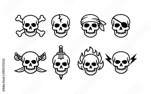 Skull and crossbones symbols: skull with crossbones, skull with cracked forehead, skull with bandana, skull with eye patch, skull with crossed swords, skull with dagger, skull with