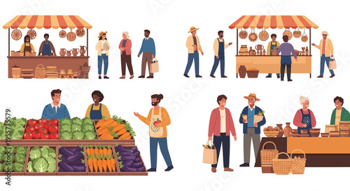 Farmers Market Vector Set. Diverse People Shopping and Selling Fresh Produce, Vegetables, and Artisan Goods at Outdoor Stalls.