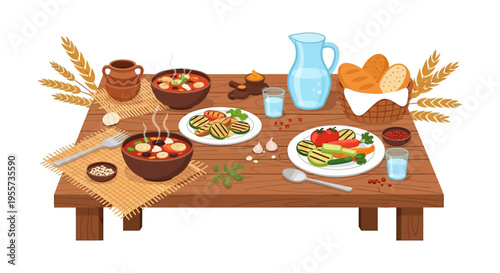 Rustic Dinner Table Vector Illustration: Healthy Meal Setting with Steaming Soup, Grilled Vegetables, Fresh Bread, and Produce.
