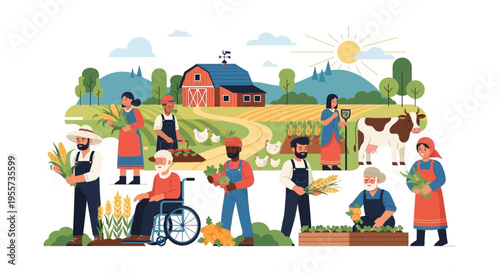 Diverse Farmers Community Working on Sustainable Farm. Flat Vector Illustration of Agriculture, Harvesting Crops, Rural Labor, and Teamwork.
