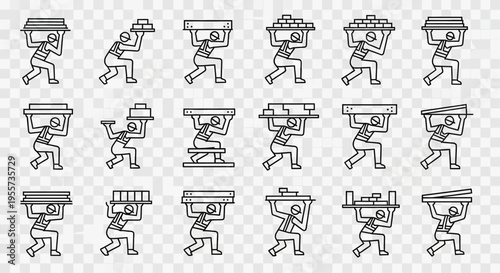 Construction Worker and Laborer Icon Set: Builders Carrying Building Materials, Bricks, and Timber Planks in Line Art Style