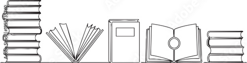 Illustrated collection of various books and reading materials arranged horizontally