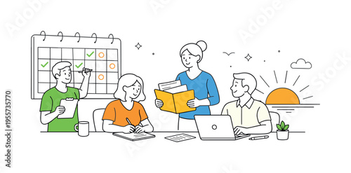 A small team completing end-of-day office routines, reviewing tasks and preparing for the next work session in a structured and mindful way, represented by a clear visual metaphor