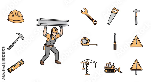 Construction Tools and Equipment Vector Icon Set with Building Worker Carrying Steel Beam, Industrial Machinery, and Safety Gear Isolated on White Background