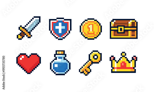 Pixel game items: pixel sword, pixel shield, pixel coin, pixel treasure chest, pixel heart health, pixel magic potion bottle, pixel gold key, pixel crown
