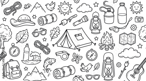 Kids summer camp outdoor adventure concept focused on fun activities, friendship, and nature exploration during school holidays in a safe and joyful environment. Objects of tent,