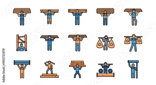 Construction Worker and Laborer Icons Set - Carrying Building Materials like Lumber, Pipes, and Sacks - Flat Vector Illustration