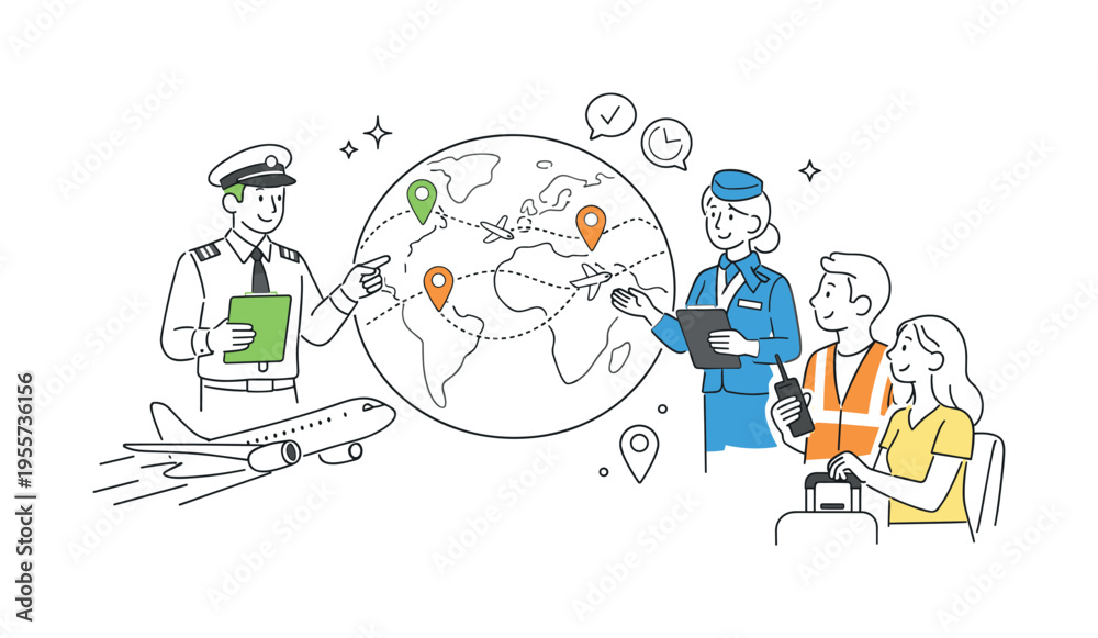 Naklejka premium Air travel and global connectivity concept where a pilot and crew coordinate routes and ensure smooth passenger journeys, featuring a simplified airplane and a globe as a minimal