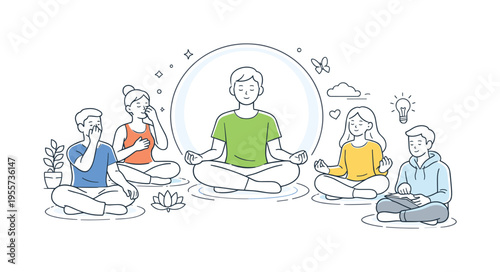 Meditation and mental wellness concept showing people practicing mindfulness and breathing techniques in a calm environment to reduce stress and improve focus, using a seated human