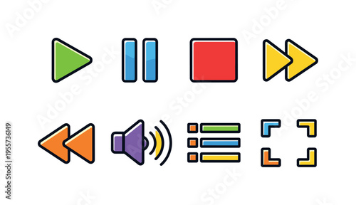 Digital media controls: play button triangle, pause bars, stop square, fast forward arrows, rewind arrows, volume speaker waves, playlist list panel, fullscreen expand corners
