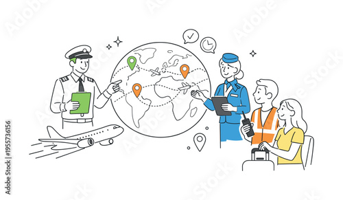Air travel and global connectivity concept where a pilot and crew coordinate routes and ensure smooth passenger journeys, featuring a simplified airplane and a globe as a minimal