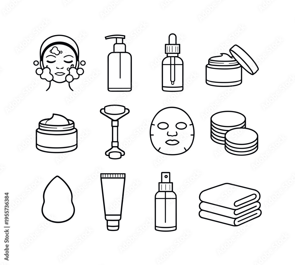 Naklejka premium Facial skincare routine: face with cleansing bubbles, cleanser pump bottle, serum dropper bottle, moisturizer cream jar, eye cream jar, face roller, facial mask sheet, cotton pads