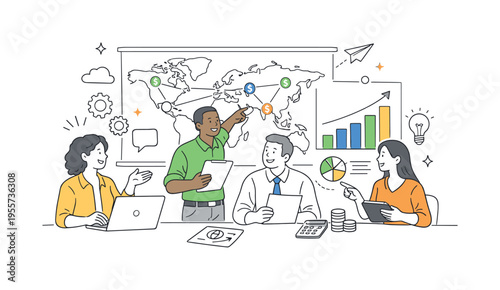 A global finance strategy scene where a diverse team analyzes international business performance and plans economic expansion together, illustrated through a visual metaphor of a