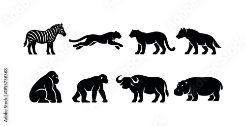 Safari animal silhouettes: zebra side view, cheetah running, leopard standing, hyena walking, gorilla sitting, chimpanzee standing, buffalo side view, hippopotamus side view