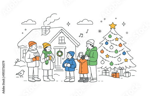 Quiet snowy village lifestyle moment where a small group of people gathers beside a cozy cottage and a decorated pine tree, using the house and tree as a visual metaphor for