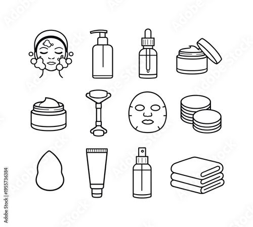 Facial skincare routine: face with cleansing bubbles, cleanser pump bottle, serum dropper bottle, moisturizer cream jar, eye cream jar, face roller, facial mask sheet, cotton pads