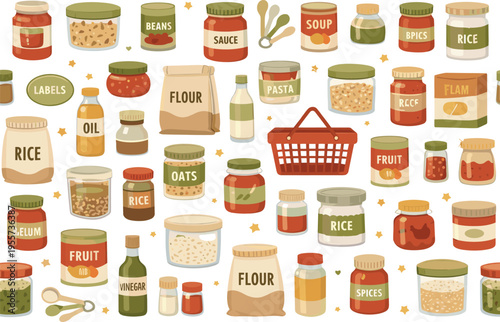 Food pantry organization seamless pattern for meal prep and storage concepts featuring canned soup, canned beans, canned vegetables, canned fruit, jar of sauce, jar of jam, rice