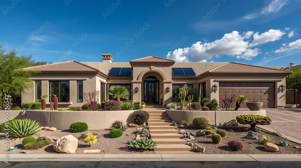 Fototapeta premium Luxury Mediterranean style mansion with desert landscaping under clear blue sky