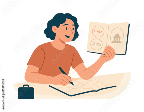 A travel planning moment where an individual organizes memorable cultural experiences and future destinations while preparing for an inspiring journey across historic regions