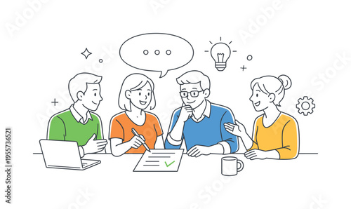 A group of professionals engaged in an office discussion, collaborating on ideas and solving problems together in a modern workspace, focusing on communication, teamwork, and
