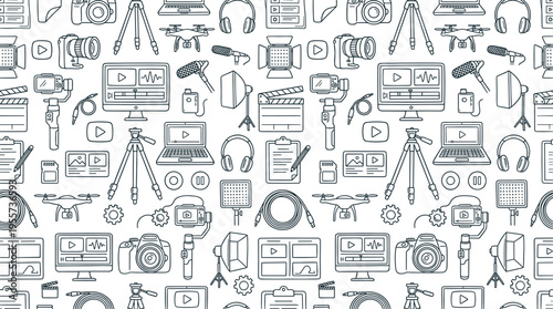 Video production and content creation studio concept highlighting modern media workflows, recording equipment, and digital editing processes for creative industries. Objects of