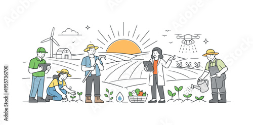 Agricultural productivity and sustainable farming concept showing farmers managing crops and maintaining healthy land for long-term food production, using cultivated fields and a