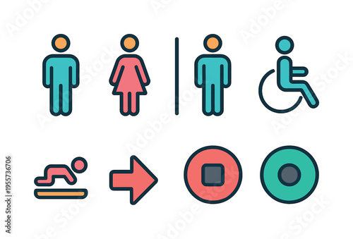 Restroom gender signage set: male restroom door sign, female restroom door sign, unisex restroom sign, wheelchair accessible restroom sign, baby changing station sign, restroom