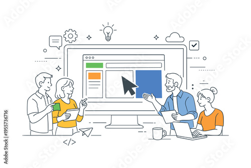 Developers and creators collaborating around a screen frame monitor while organizing digital workspace elements and planning interface improvements, symbolizing modern technology