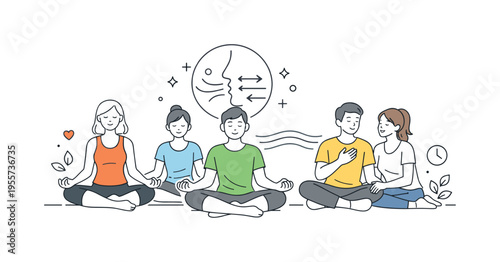A small group engaging in mindfulness practices together, incorporating meditation into daily routines to improve well-being and focus, represented by a clear visual metaphor of a