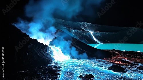 Fiery Volcano Eruption Under Dark Night Sky with Glowing Lava and Blue Water
