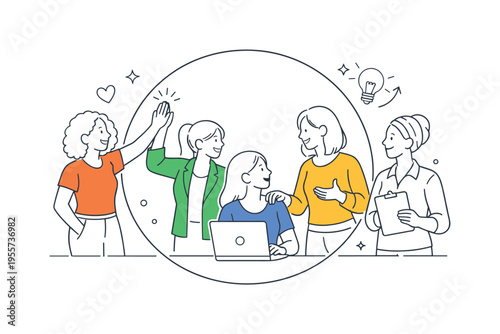 A lifestyle and empowerment concept where women support each other through collaboration and shared goals in a positive environment, using a group of women and a single connecting