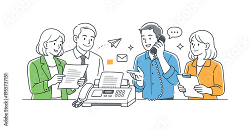 Business professionals reviewing printed documents from a retro fax machine while coordinating communication with partners, representing early office technology and the transition