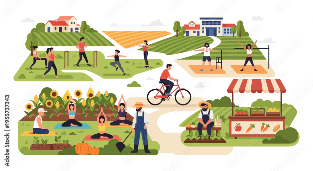 Naklejka premium Active Rural Lifestyle Concept: People Exercising, Doing Yoga, Cycling, and Working on Farms or Shopping at a Local Farmer's Market. Vector Illustration.