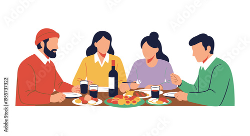 Group of Friends or Family Eating Dinner Together. People Sharing a Meal and Wine at a Table. Flat Vector Illustration on White Background.