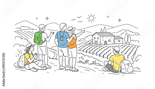 Tuscany Italian countryside rural exploration moment where travelers pause along a scenic path surrounded by vineyards and soft rolling hills, a small stone farmhouse and vineyard